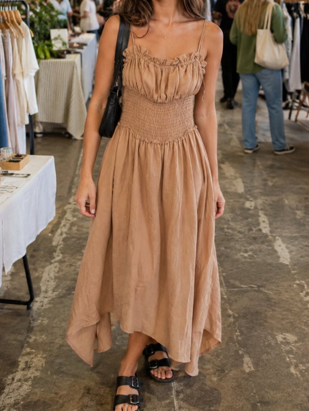 Roxy 100% Cotton Smocked Midi Dress Tan Brown NWT M